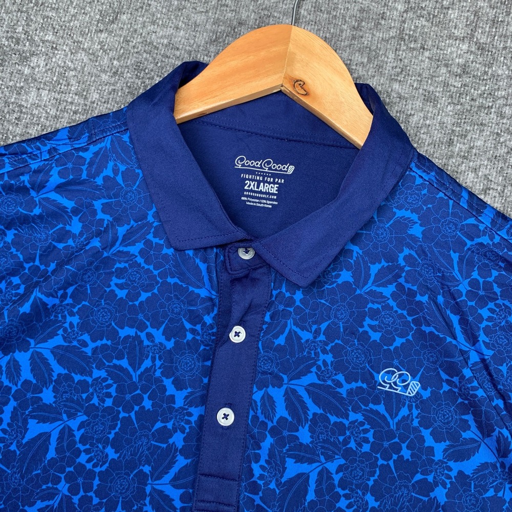 Good Good Golf Polo Men 2XL Floral Performance Stretch Preppy Blue